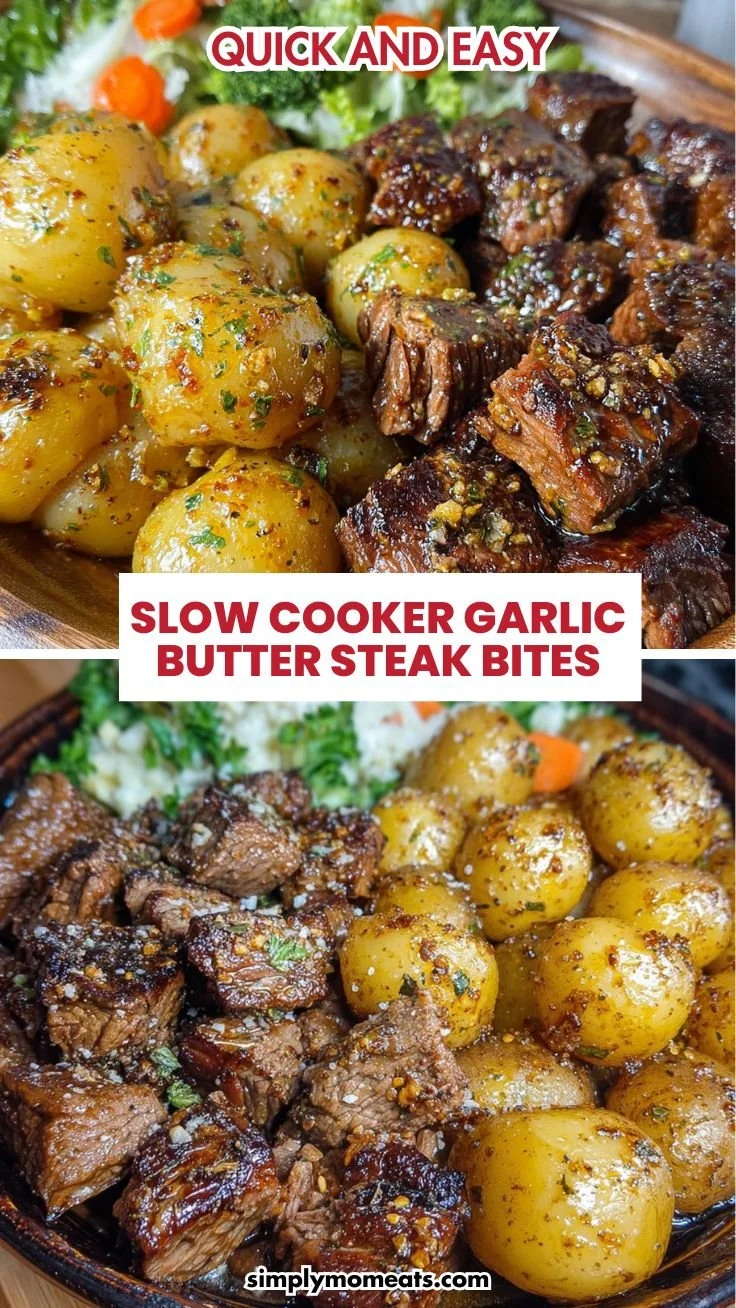 Slow cooker garlic butter steak bites and potatoes in a savory dish.
