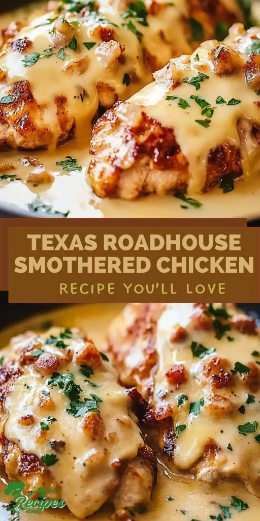 Delicious Texas Roadhouse smothered chicken recipe with savory toppings.