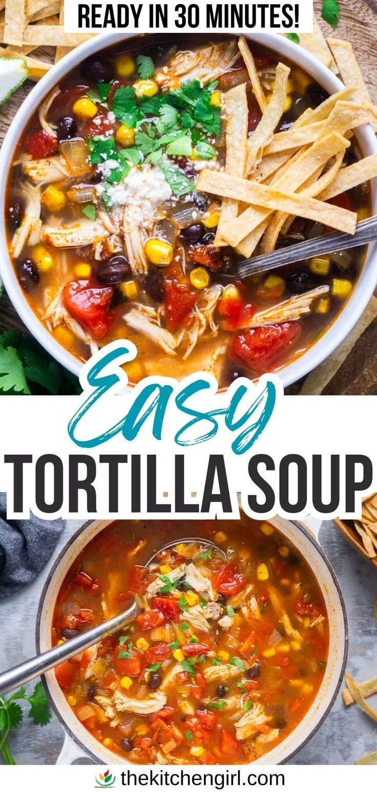 Bowl of easy tortilla soup garnished with tortilla chips and fresh cilantro