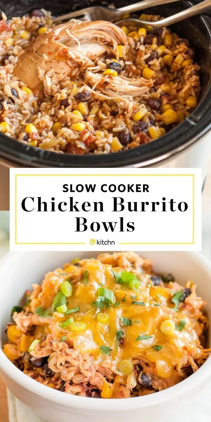 Slow cooker chicken burrito bowls with fresh toppings and ingredients