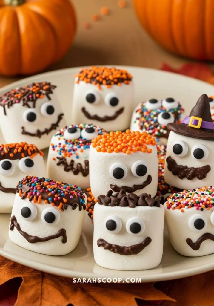 Colorful DIY marshmallow monster faces for Halloween treats