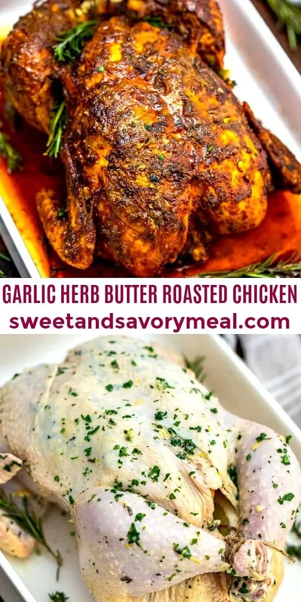 Garlic Herb Butter Roasted Chicken garnished with herbs on a serving platter.