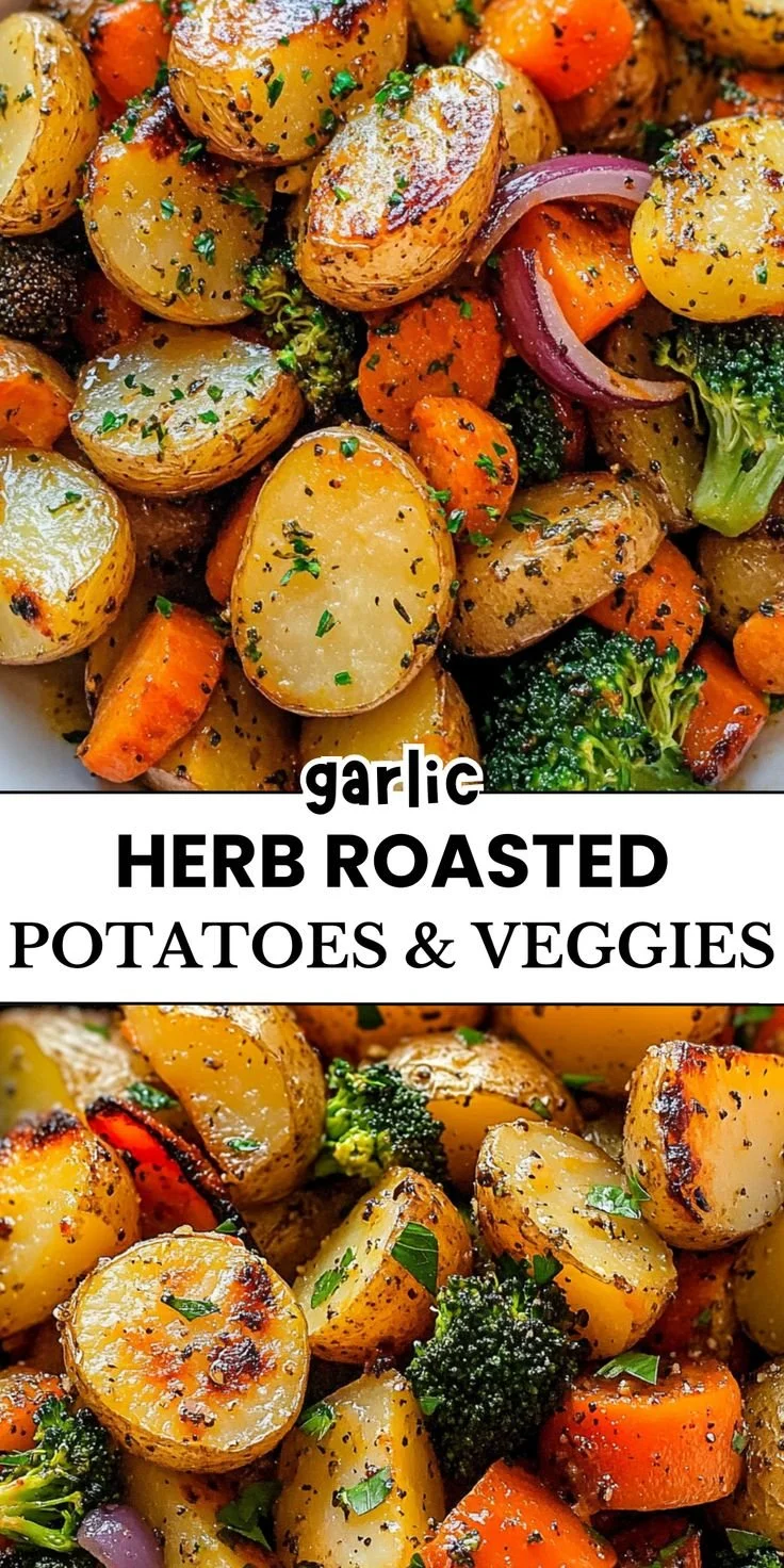 Bowl of garlic herb roasted potatoes and veggies, seasoned to perfection.