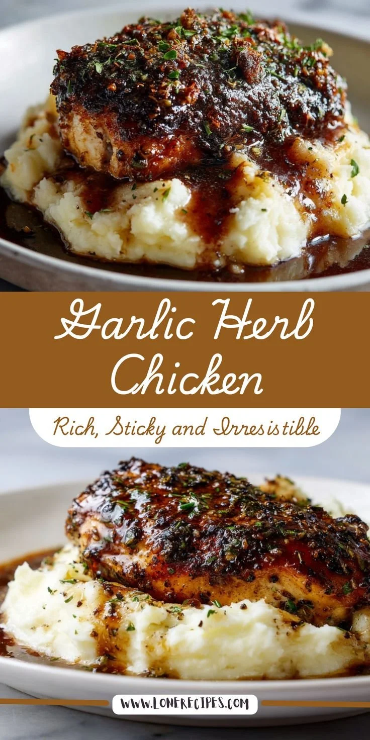Glazed garlic herb chicken breast on creamy mashed potatoes with pan sauce