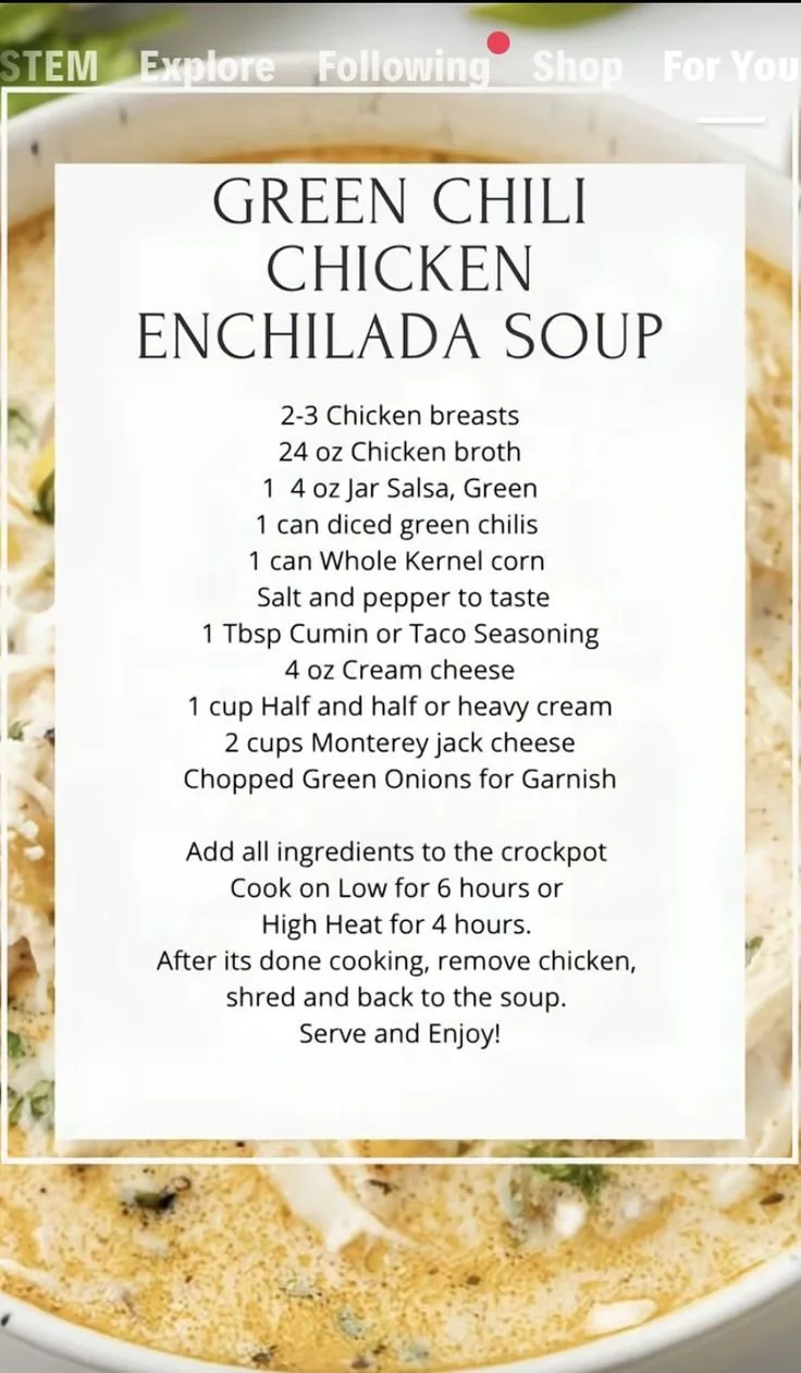 Bowl of Green Chili Chicken Enchilada Soup garnished with cilantro and cheese