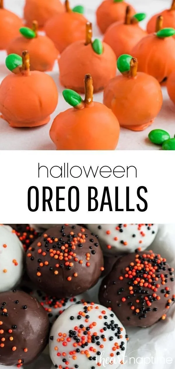 Five Halloween Oreo Balls decorated with festive toppings for a spooky treat.