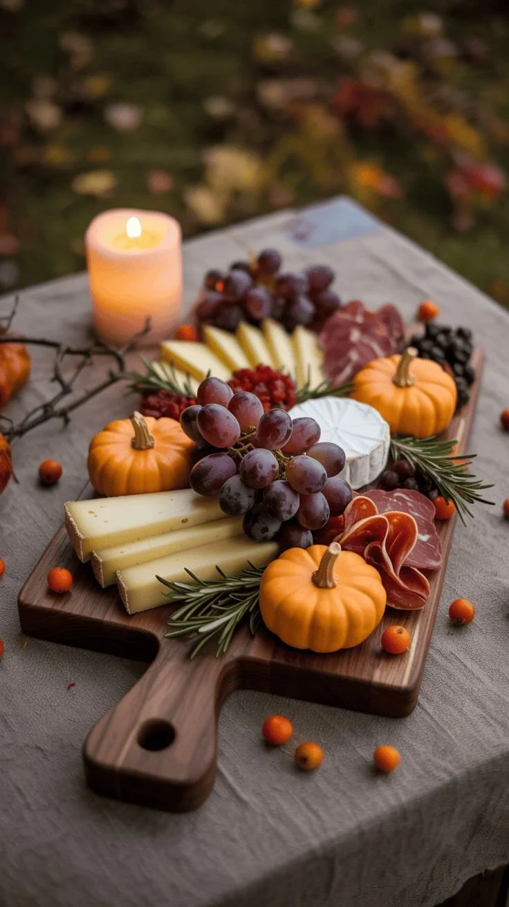 Halloween themed charcuterie board with spooky decorations and treats