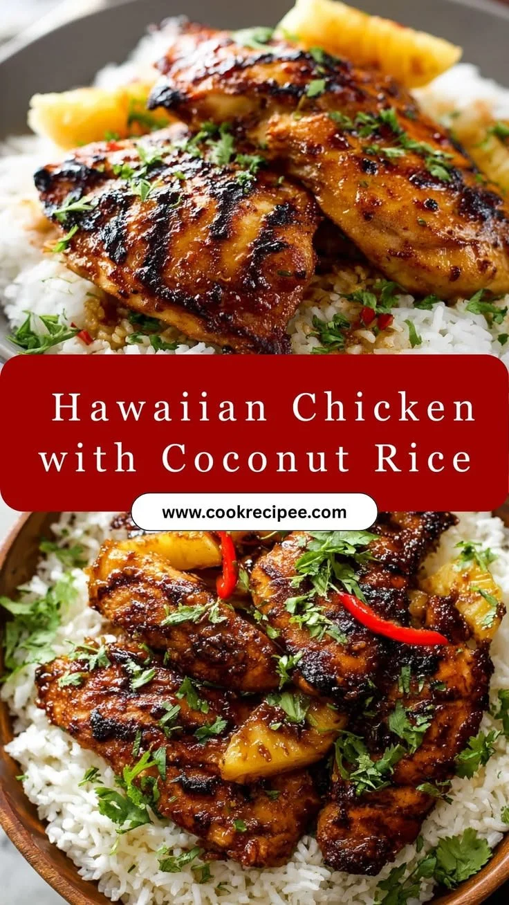 Hawaiian chicken served with coconut rice in a vibrant tropical setting.