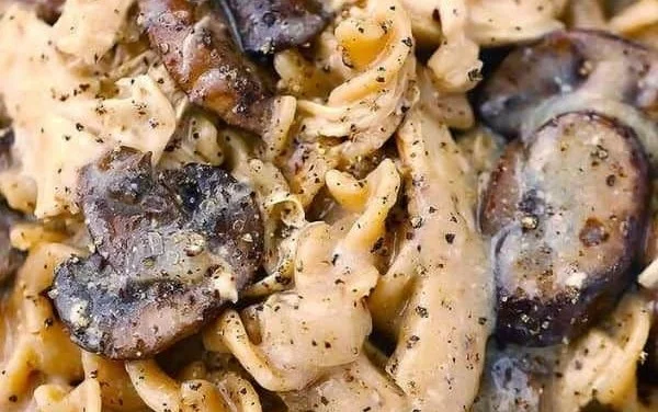 Healthy chicken stroganoff served with vegetables in a bowl.