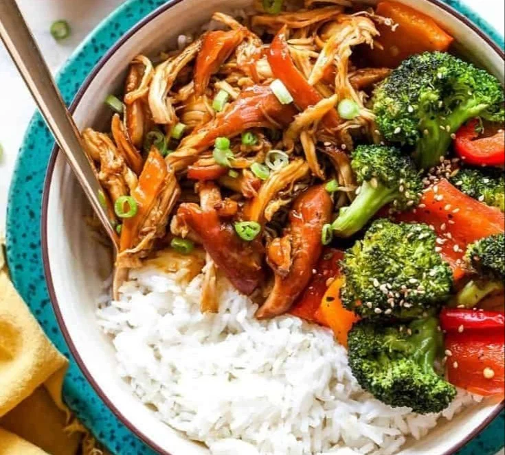 Healthy crockpot teriyaki chicken dish garnished with green onions.