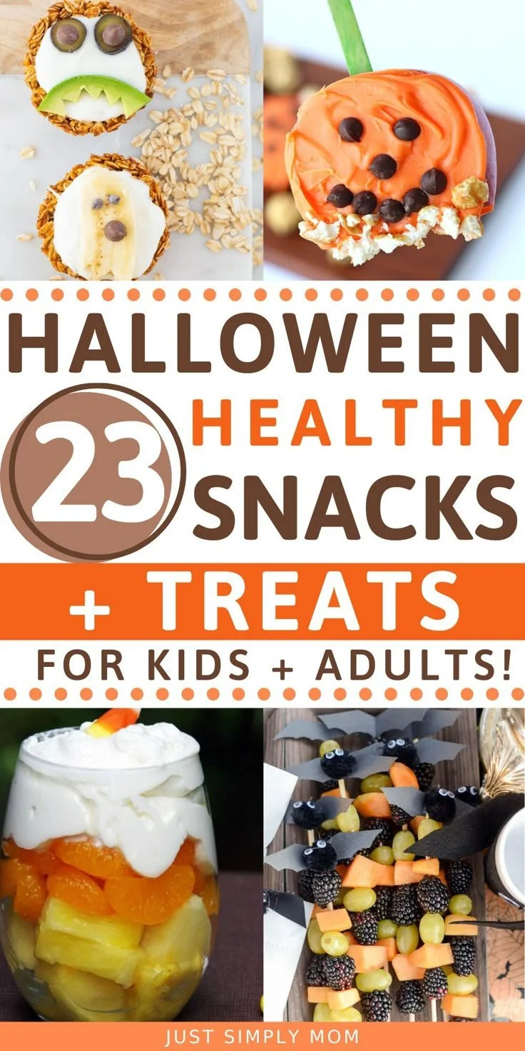 A variety of healthy Halloween snacks and treats for kids on a festive table