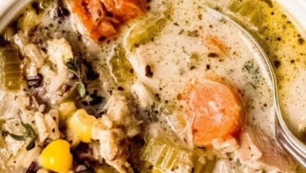 High protein Instant Pot chicken rice soup in a bowl, perfect for fall comfort food.