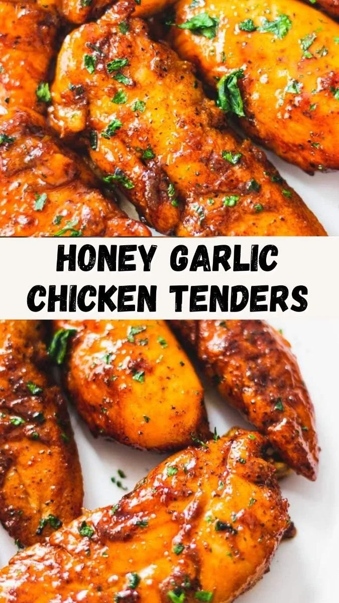 Honey Garlic Chicken Tenders served on a plate with sauce drizzle