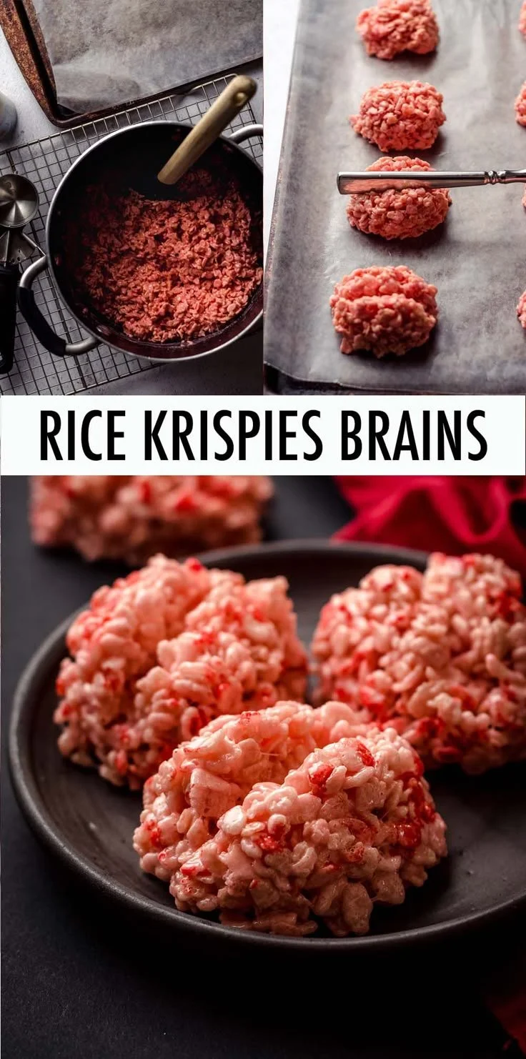 Rice Krispie brains Halloween treats decorated for spooky fun