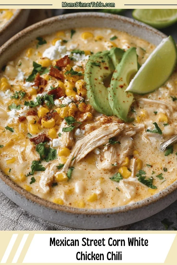 Creamy Mexican street corn chili with chicken in a bowl garnished with cilantro
