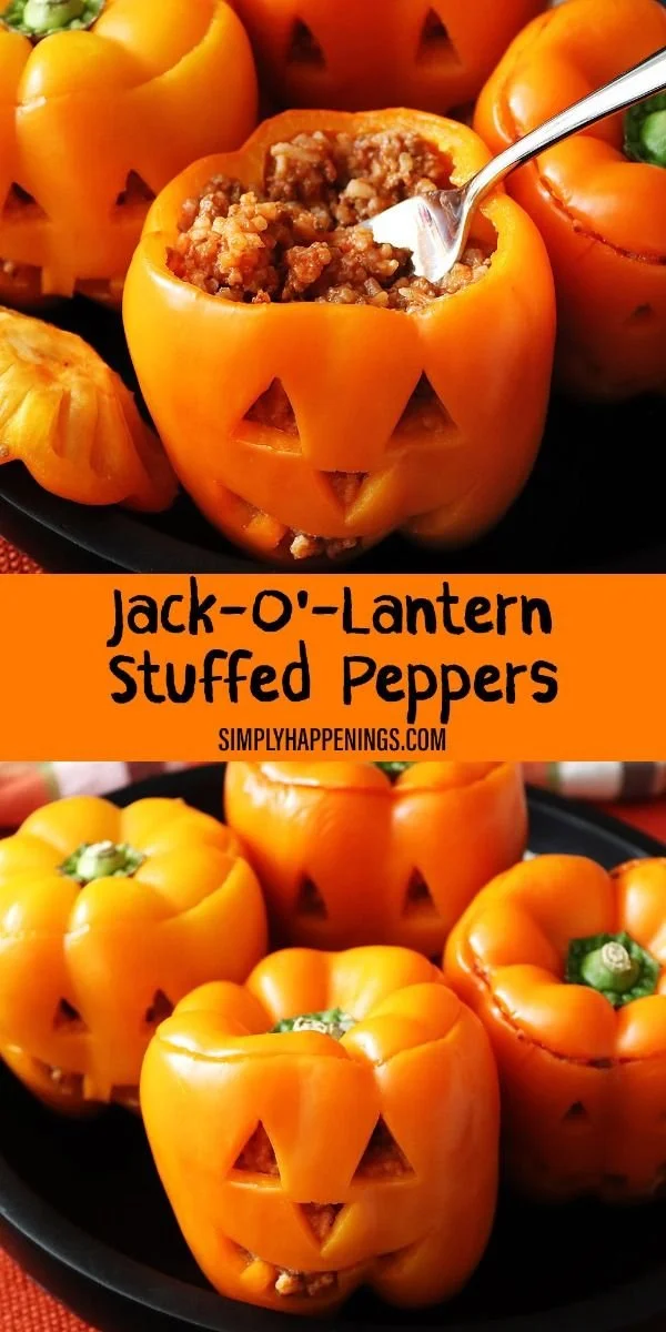 Jack-O'-Lantern stuffed peppers filled with tasty ingredients for Halloween.