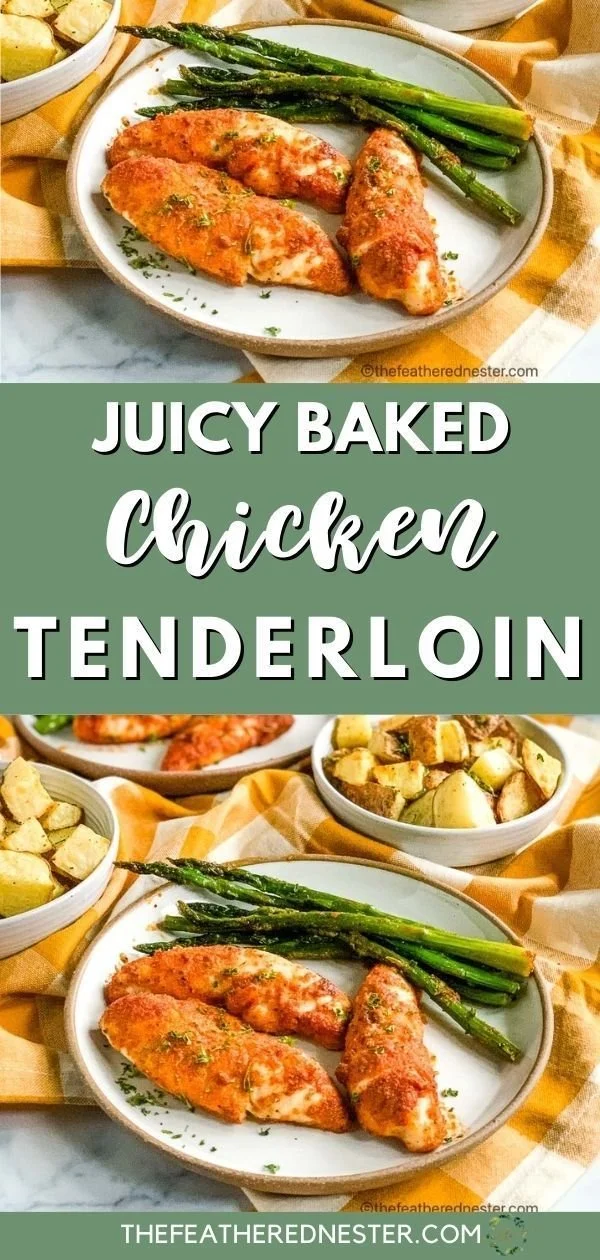 Juicy baked chicken tenderloin served on a plate with vegetables.
