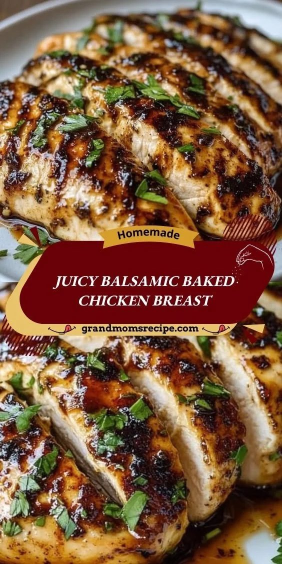 Juicy balsamic baked chicken breast served with vegetables on a plate
