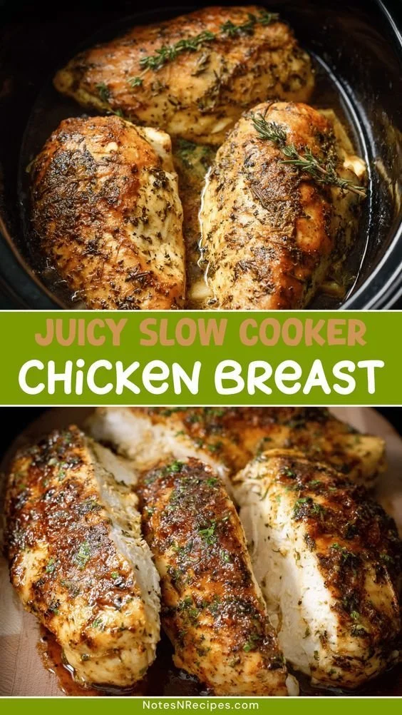 Deliciously cooked slow cooker chicken breast on a plate with herbs