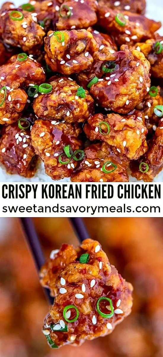 Plate of crispy Korean Fried Chicken garnished with sesame seeds and green onions.