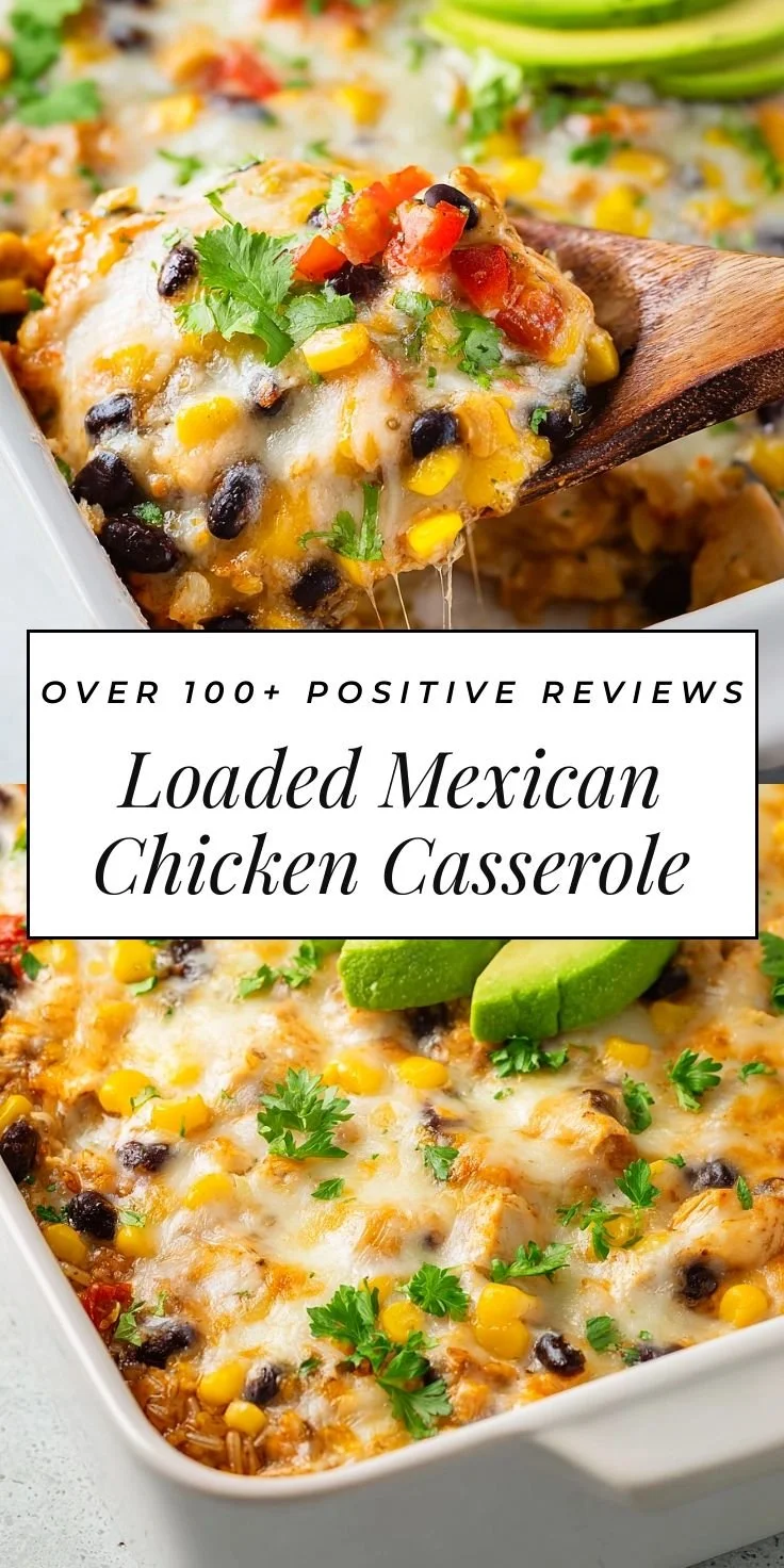 Loaded Mexican Chicken Casserole topped with cheese and jalapeños in a baking dish.