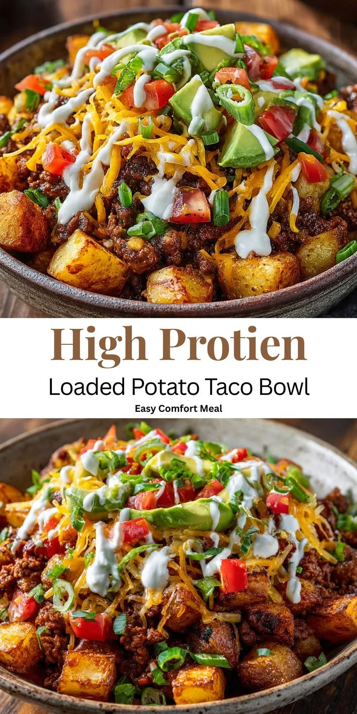 Loaded Potato Taco Bowl with toppings in a serving bowl