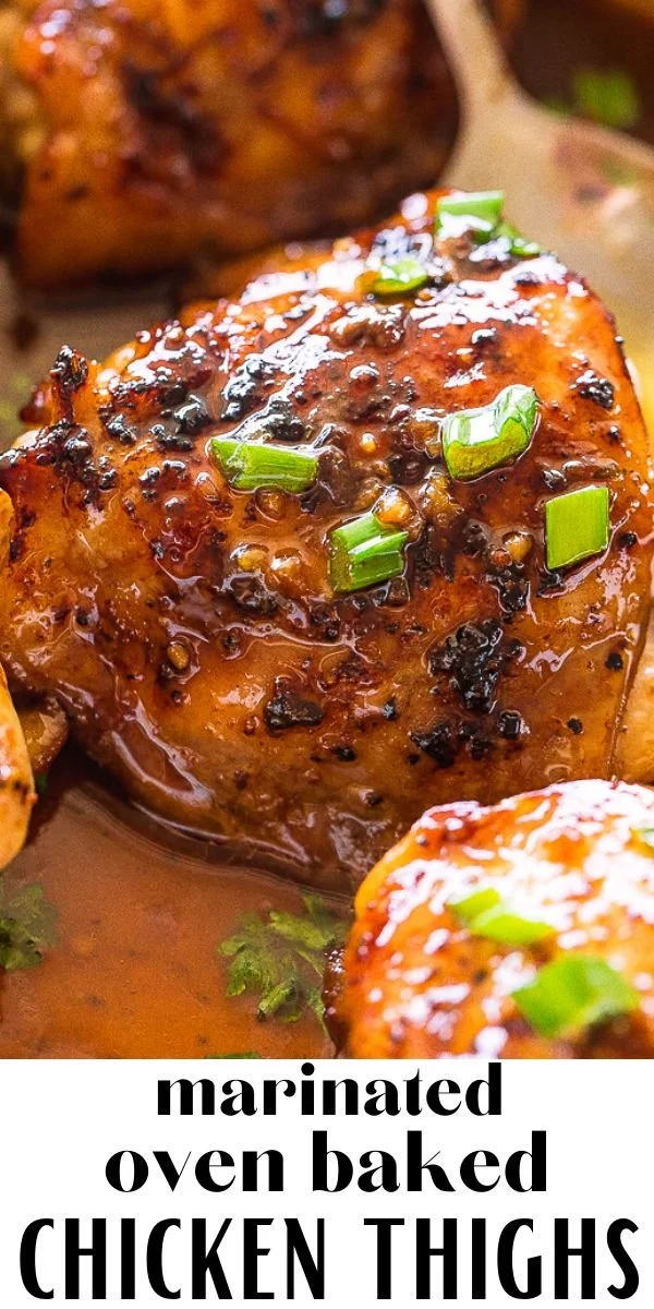 Delicious marinated oven baked chicken thighs garnished and ready to serve.