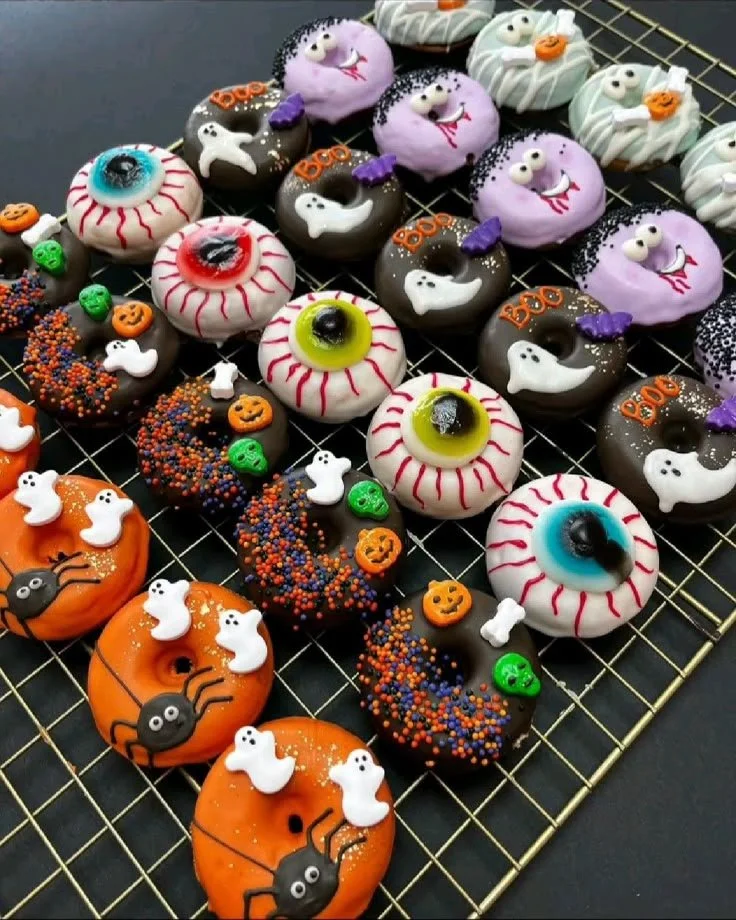 Colorful minidonas Halloween mini donuts decorated for spooky festivities