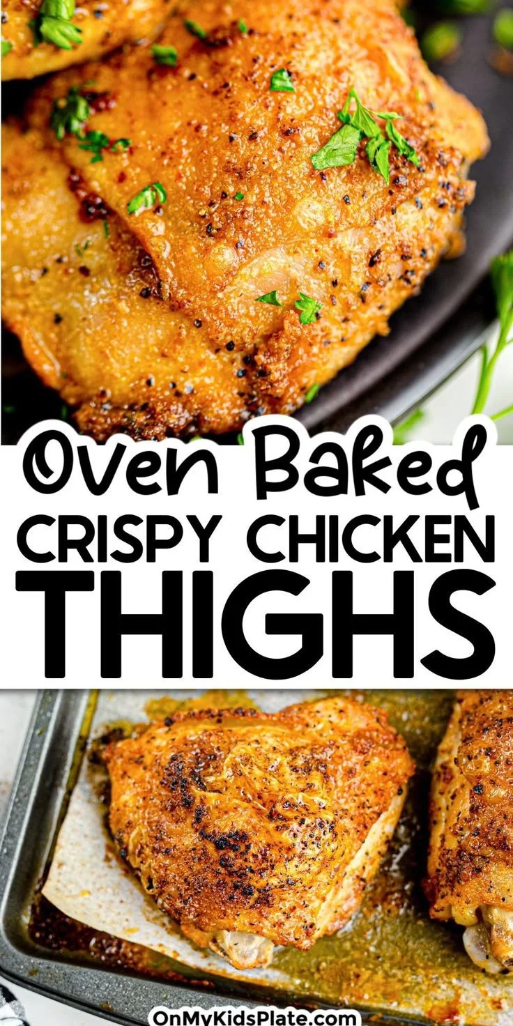 Oven-baked crispy chicken thighs served on a plate with herbs and spices.