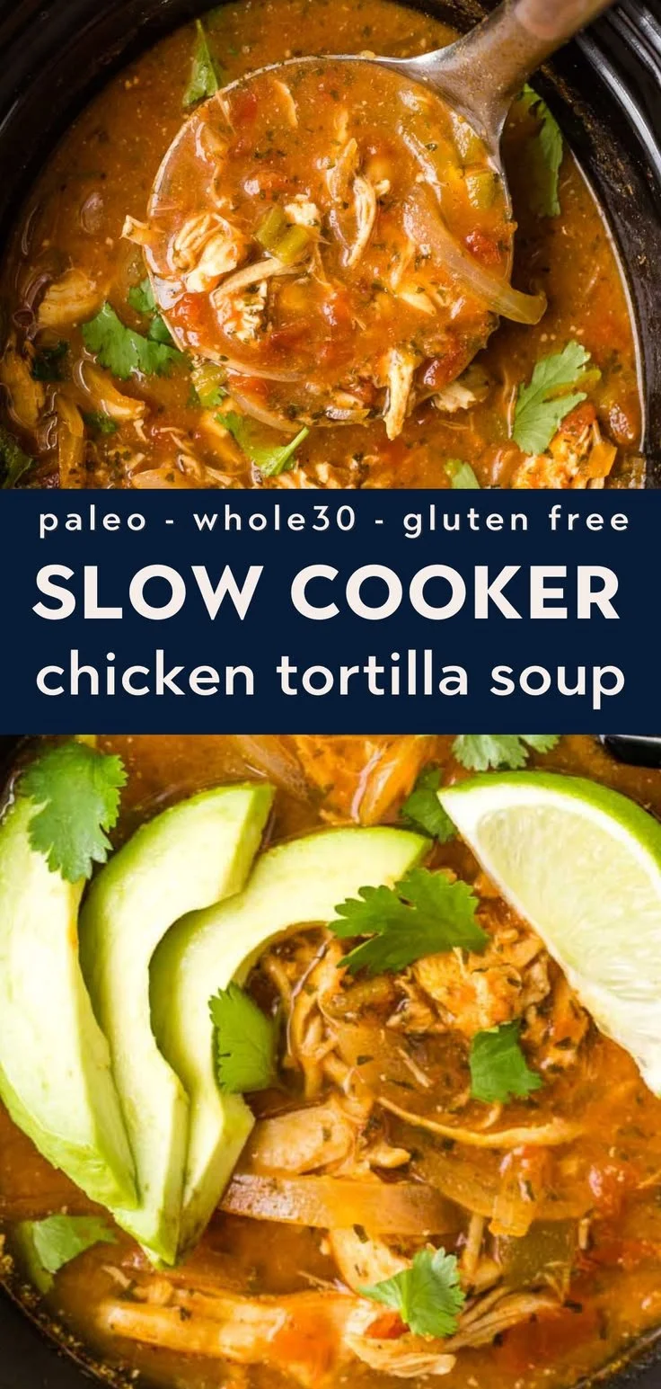 Bowl of Paleo Chicken Tortilla Soup garnished with avocado and cilantro