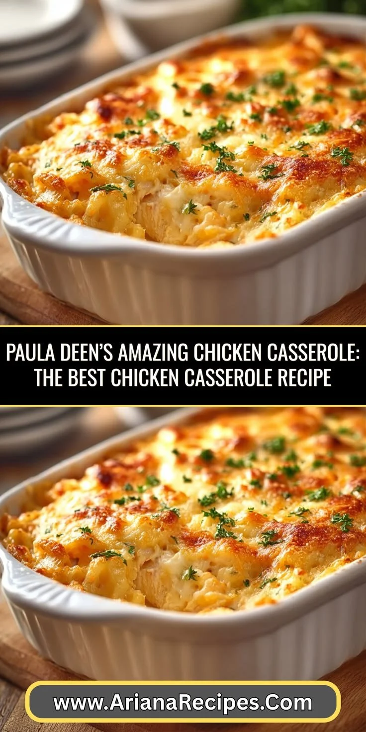 Delicious Paula Deen's chicken casserole in a baking dish, topped with crispy breadcrumbs.