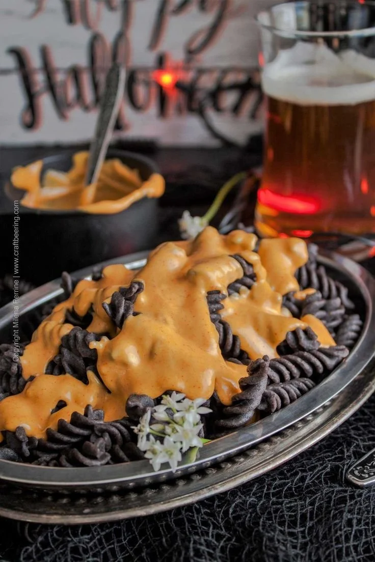 Delicious pumpkin ale mac and cheese dish, perfect for Halloween.