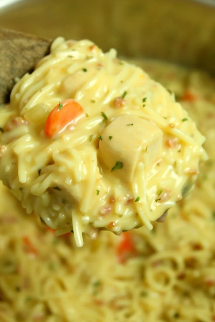 Bowl of ranch chicken noodle soup with fresh ingredients and herbs