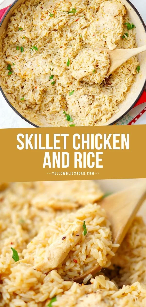Delicious Skillet Garlic Chicken and Rice Casserole dish garnished with herbs