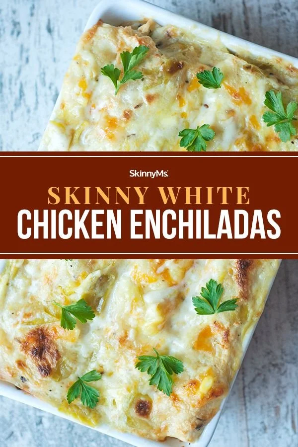 Skinny White Chicken Enchiladas topped with creamy sauce and garnished with cilantro