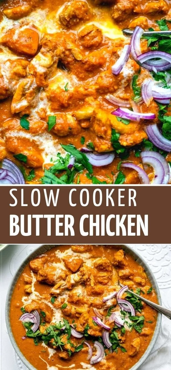 Slow cooker butter chicken dish garnished with fresh herbs and spices.