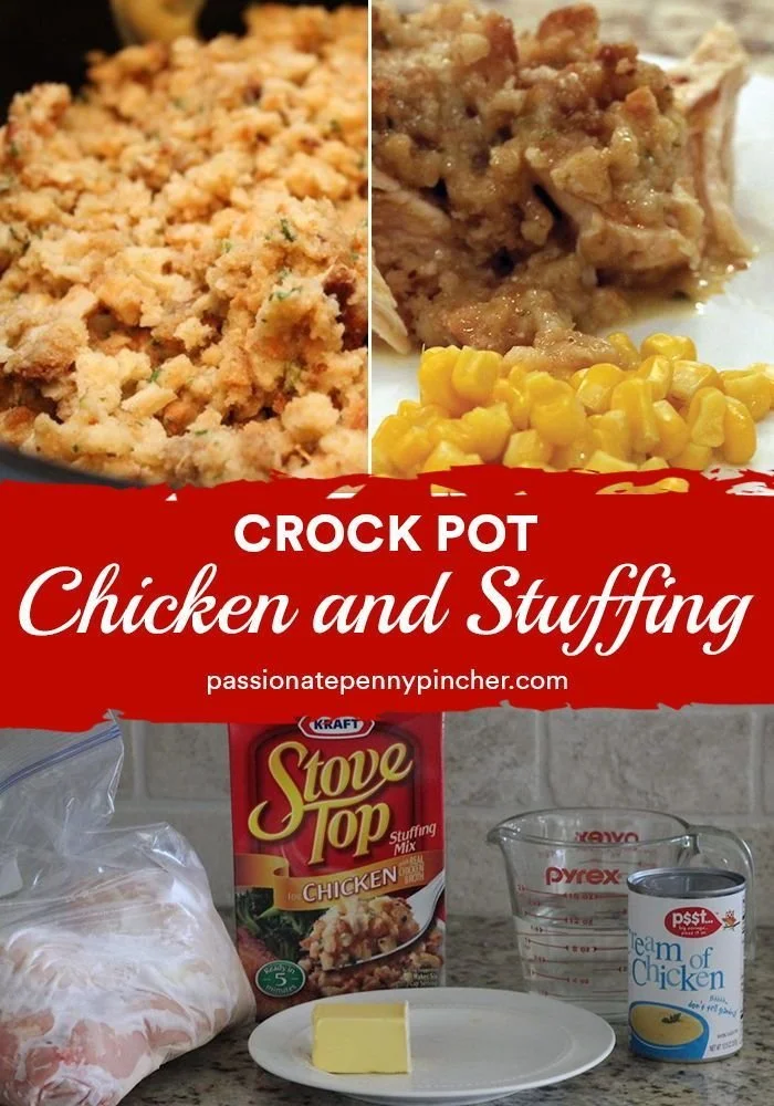 Slow cooker chicken with dressing served on a plate.