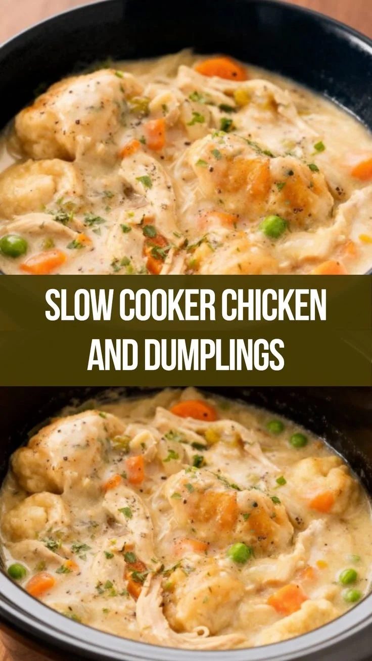 Bowl of creamy slow cooker chicken and dumplings, a perfect cozy dish