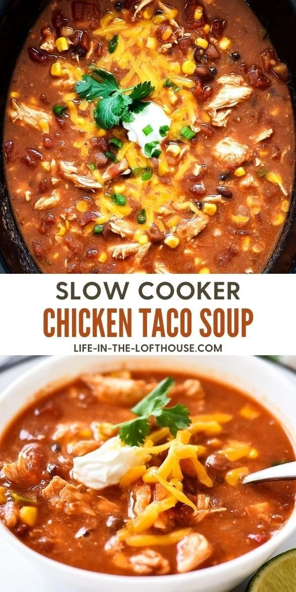 Bowl of Slow Cooker Chicken Taco Soup topped with cheese and cilantro