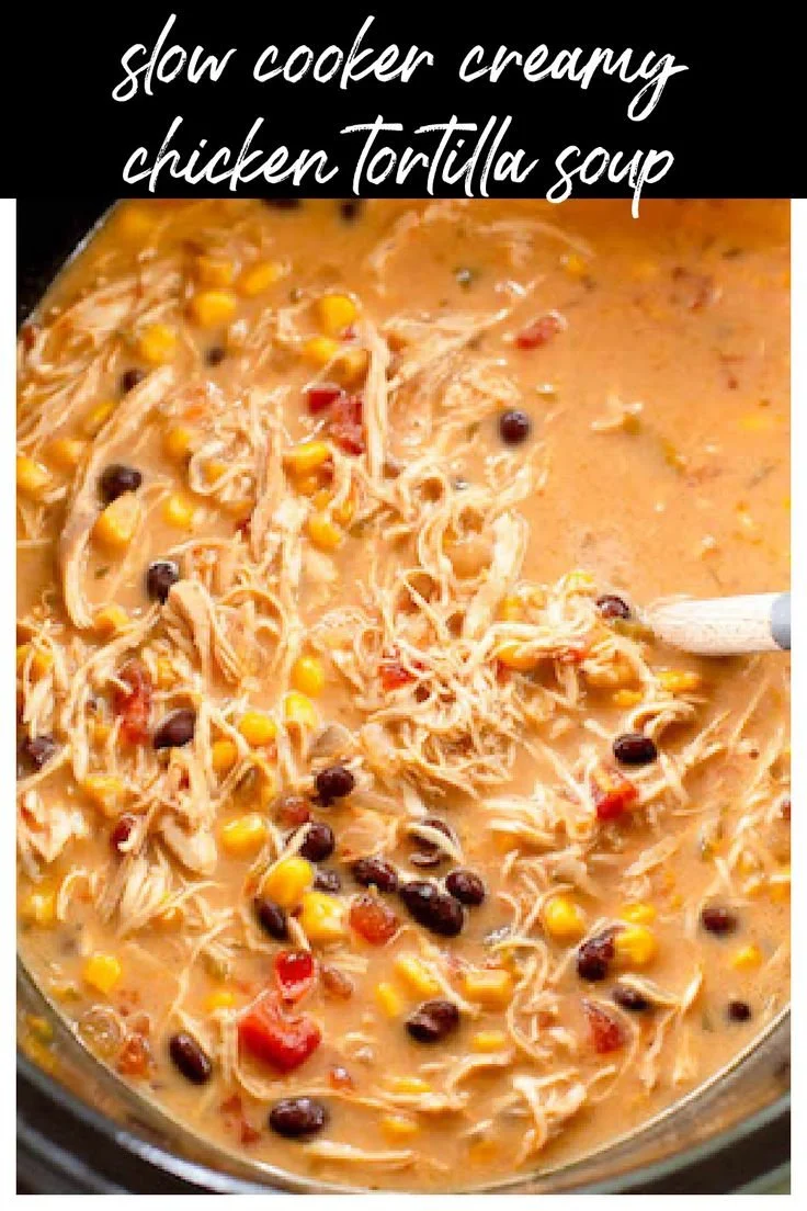 Delicious slow cooker creamy chicken tortilla soup served in a bowl