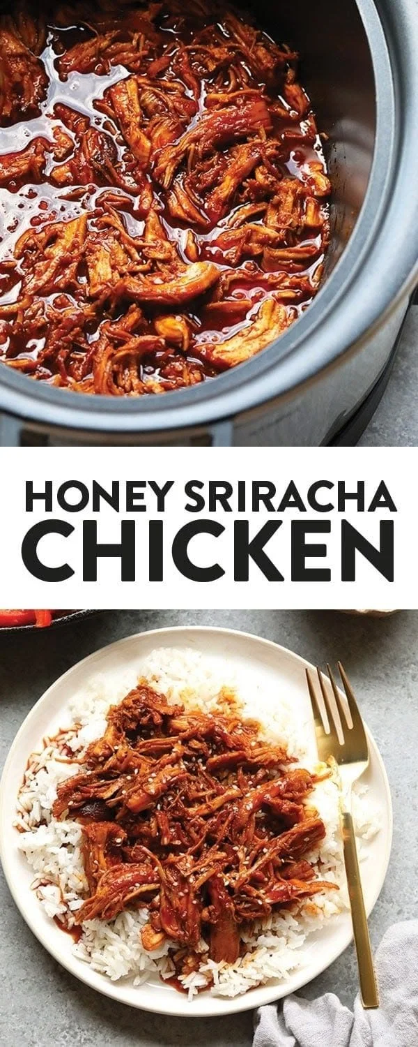 Slow Cooker Honey Sriracha Chicken served in a bowl with garnish.