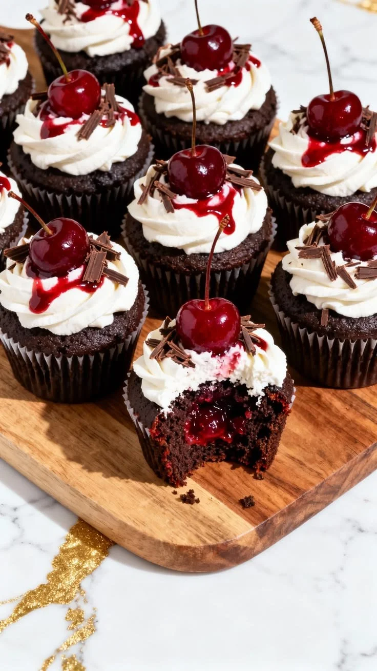 Soft and rich Black Forest Cupcakes topped with cherries and whipped cream