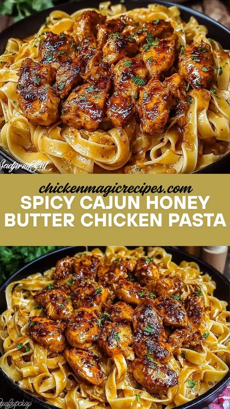 Delicious spicy cajun honey butter chicken pasta served in a bowl