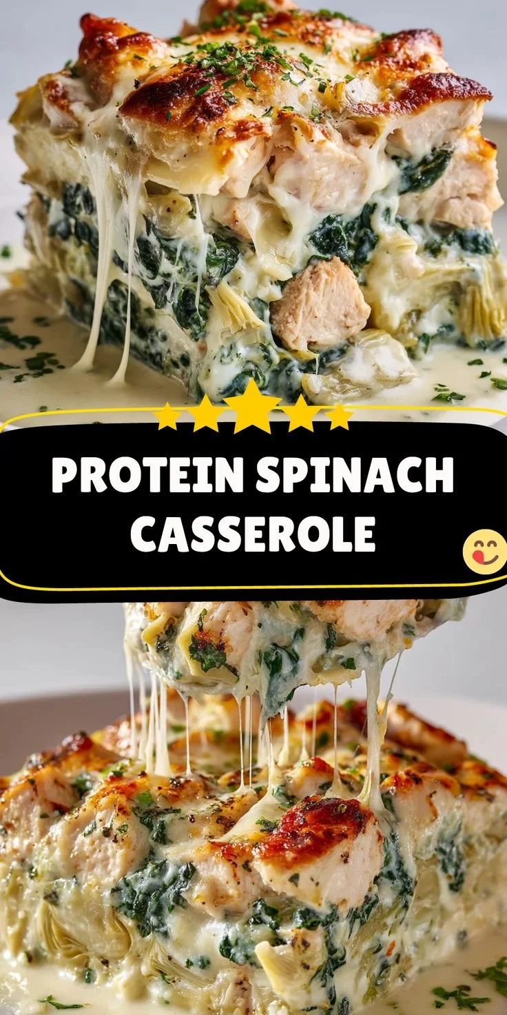 Protein-packed spinach artichoke chicken casserole dish ready to serve.
