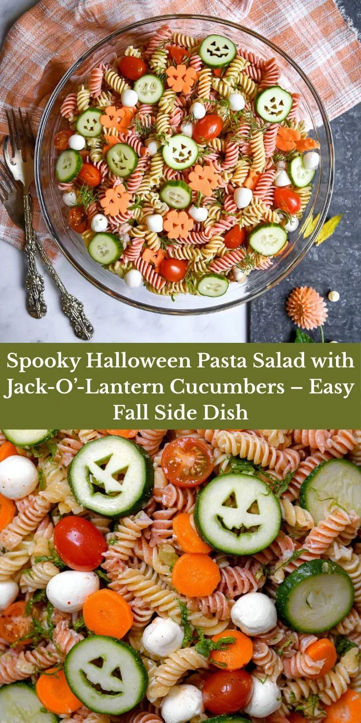 Spooky Halloween Pasta Salad with Jack-O'-Lantern Cucumbers in a festive bowl