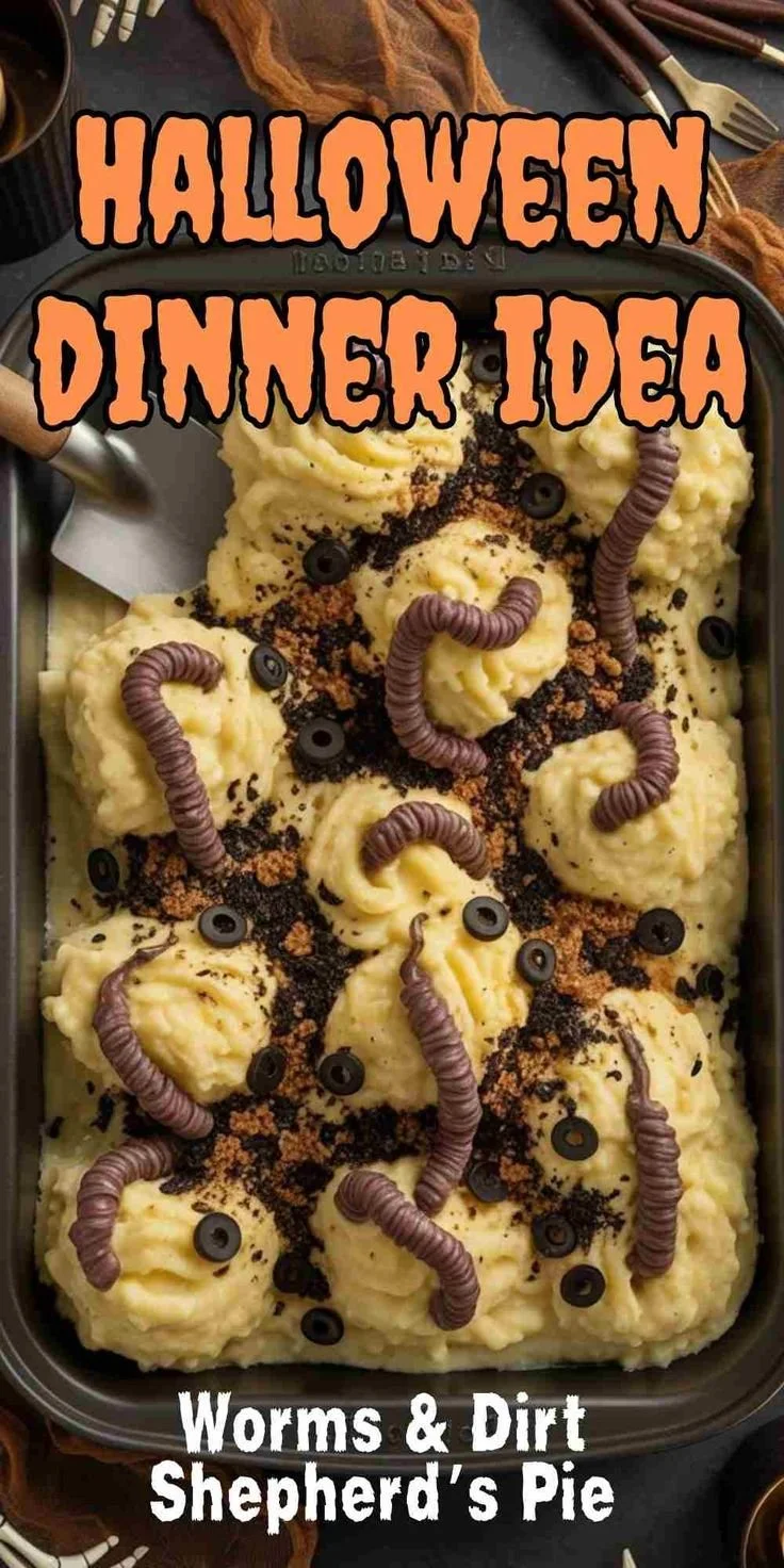 Spooky Shepherd's Pie Halloween dinner with creative decorations.