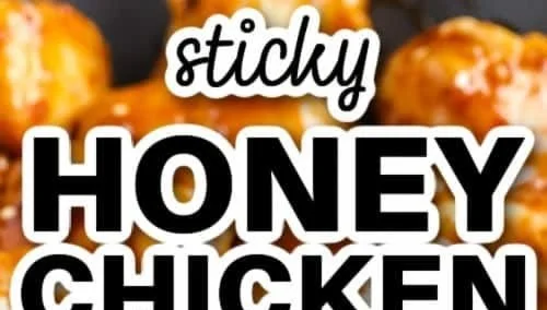 Delicious Sticky Honey Chicken with sweet and spicy sauce on a plate