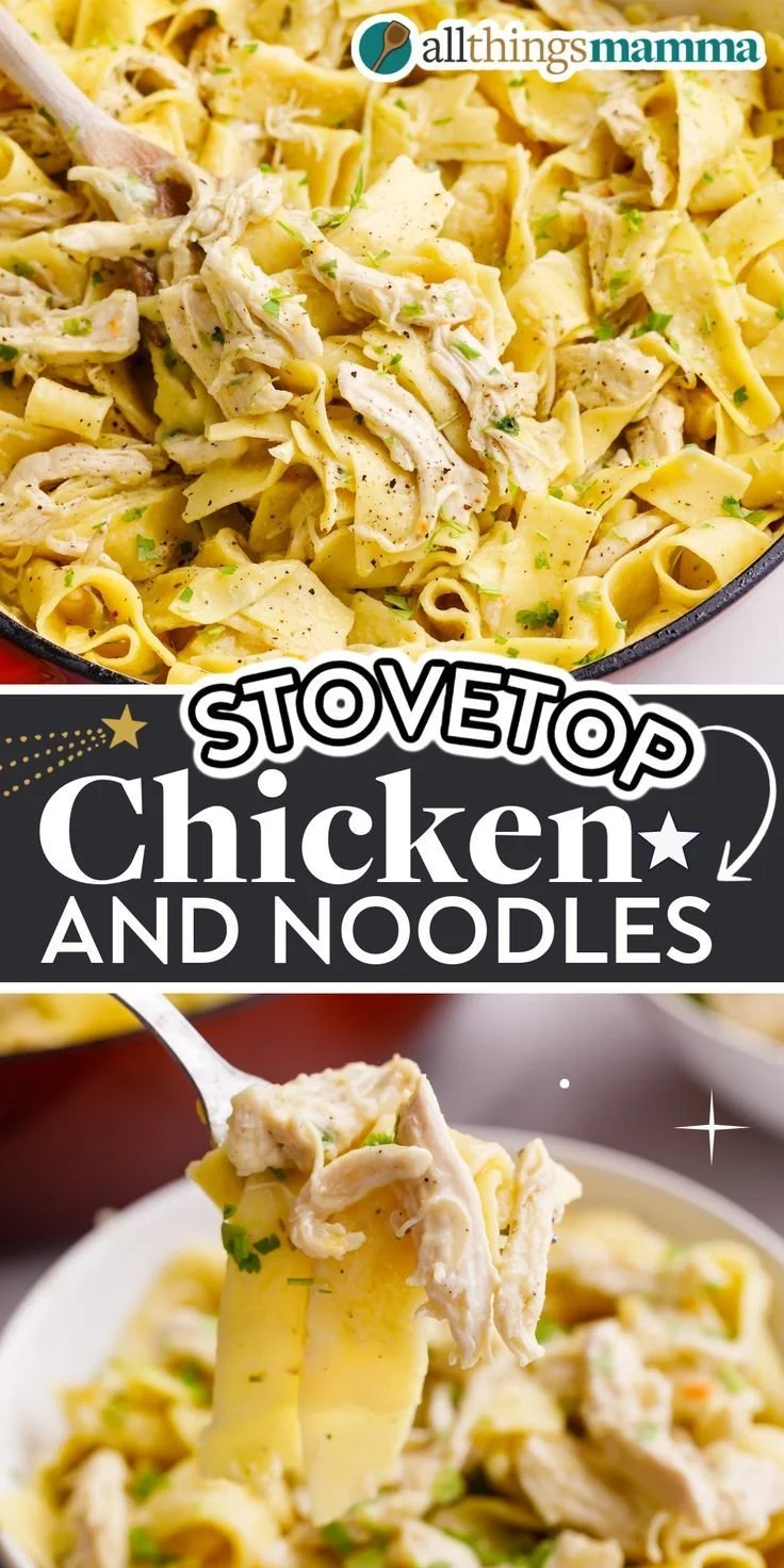 Delicious stovetop chicken and noodles in a bowl with fresh herbs