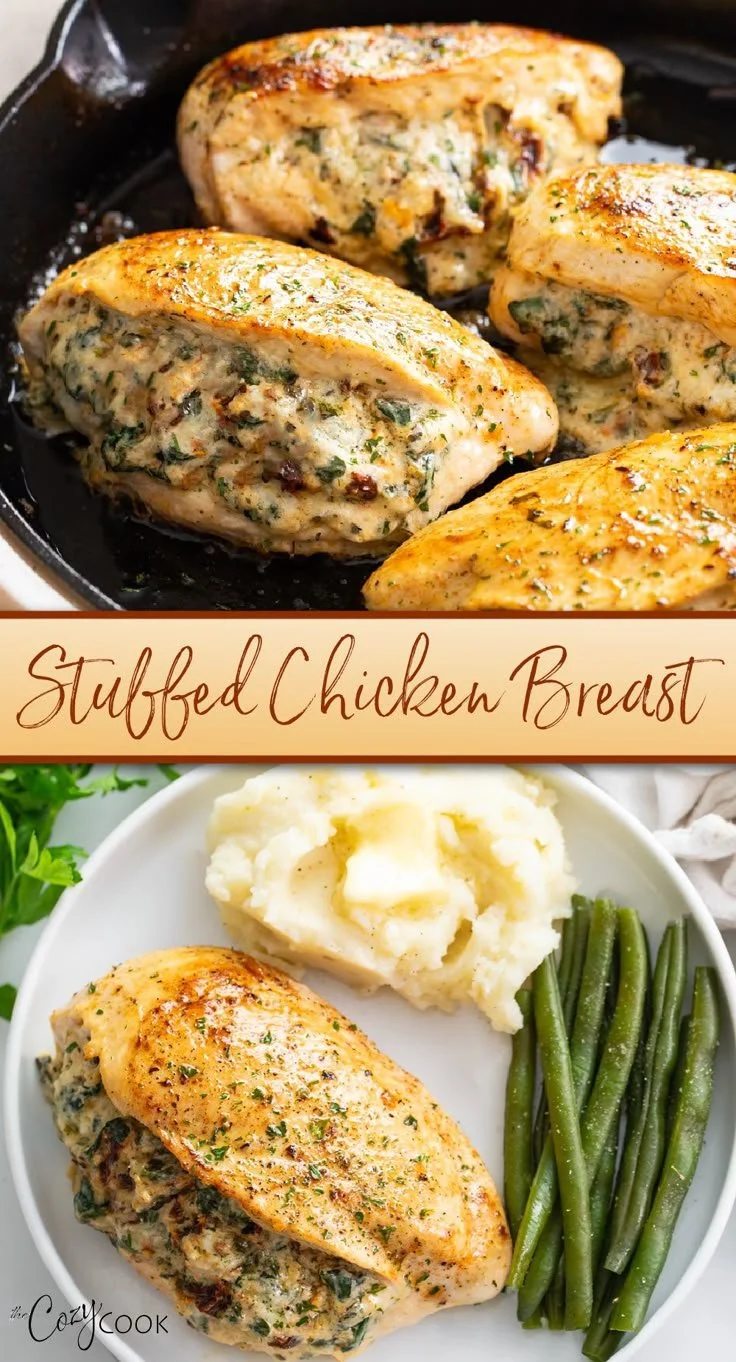 Delicious stuffed chicken breast filled with herbs and cheese ready for serving