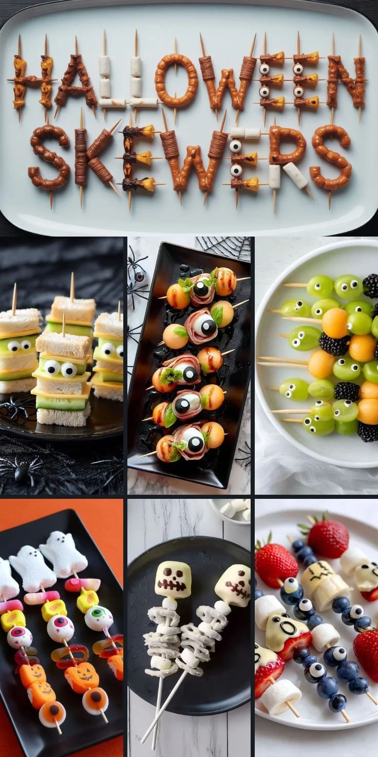 Sweet and spooky Halloween skewers with candy eyeballs and ghost decorations.